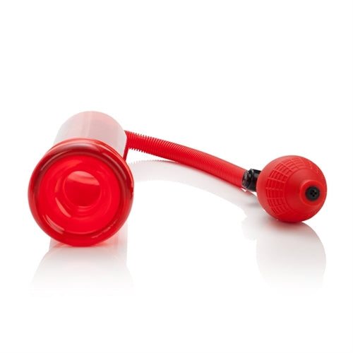 Red Fireman’s Pump with super suction bulb and flexible hose for efficient water transfer and removal.