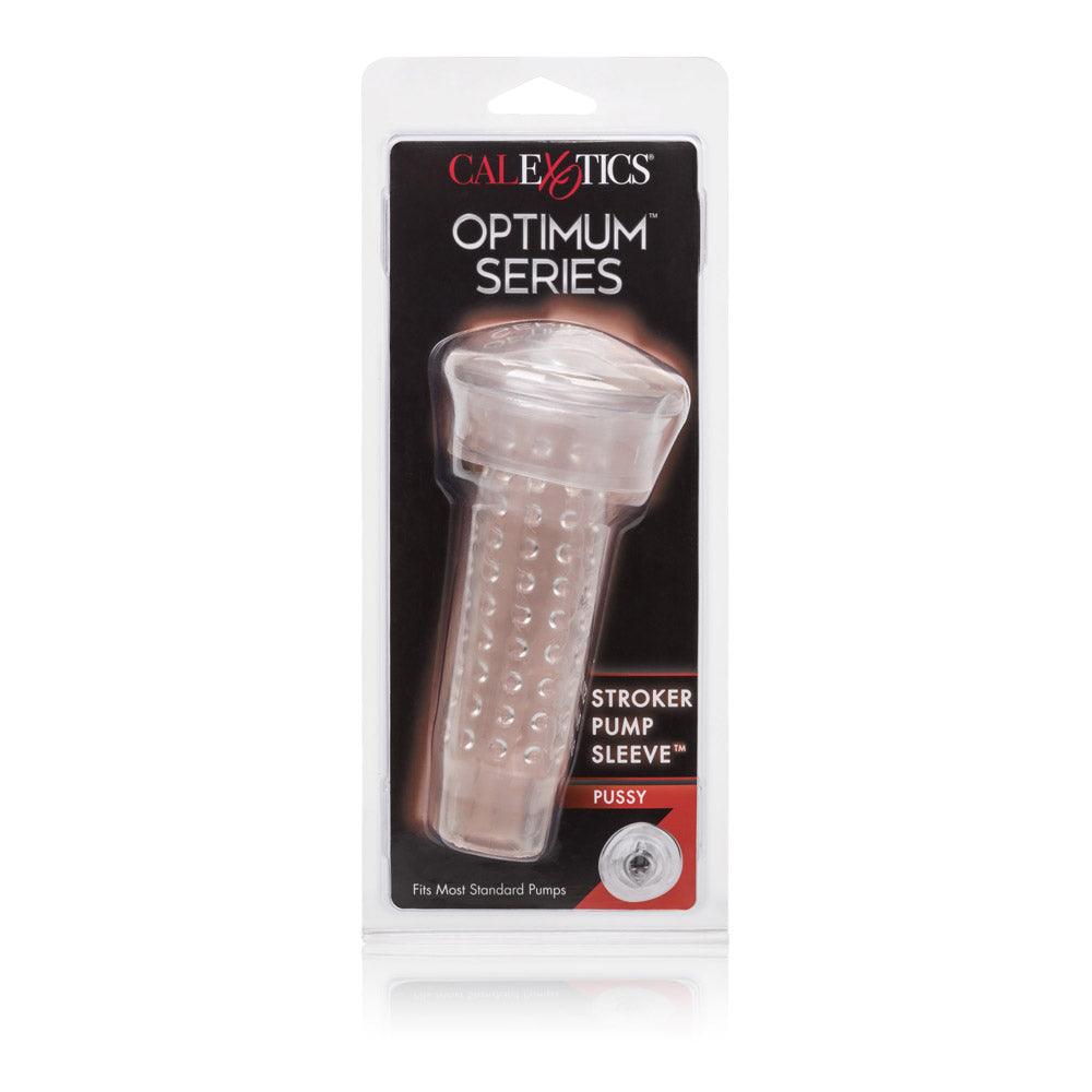Optimum Series Stroker Pump Sleeve Pussy in clear packaging with textured internal beads for enhanced solo pleasure.