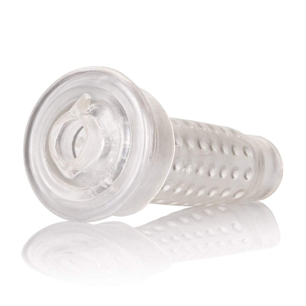 Clear textured Optimum Series Stroker Pump Sleeve Pussy with stimulating beads and flexible material for solo pleasure.