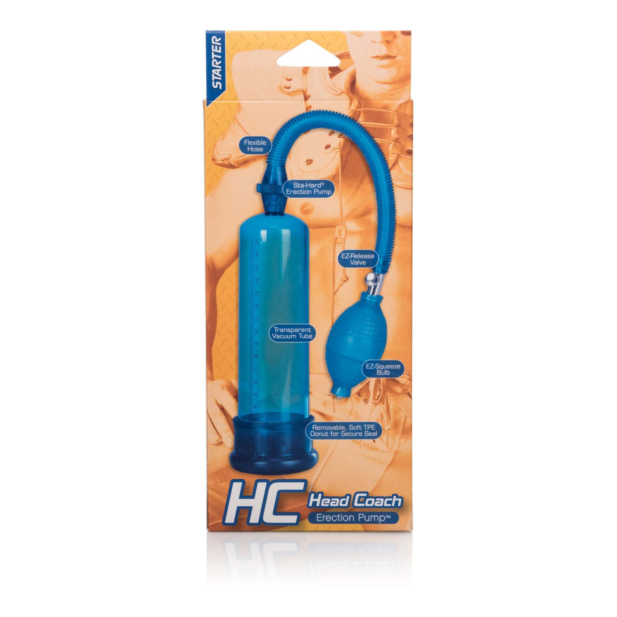 Head Coach Penis Pump with flexible hose, transparent vacuum tube, and soft TPE donut for secure seal in retail packaging