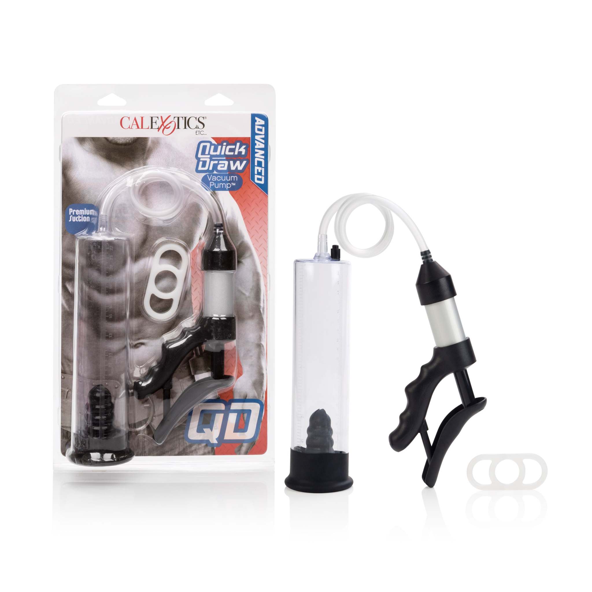 Quick Draw Vacuum Pump with pistol grip and clear cylinder for strong vacuum creation, packaged and unboxed.