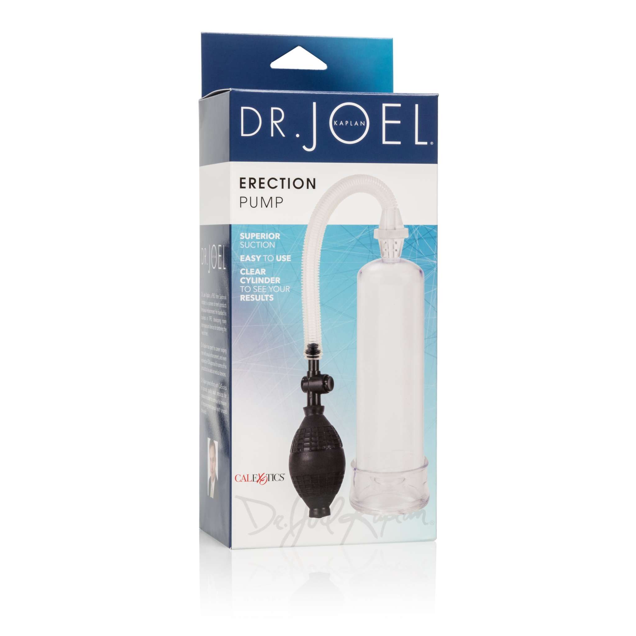 Dr. Joel Kaplan Erection Pump with clear cylinder, easy-squeeze bulb, and flexible hose for enhanced intimate performance.