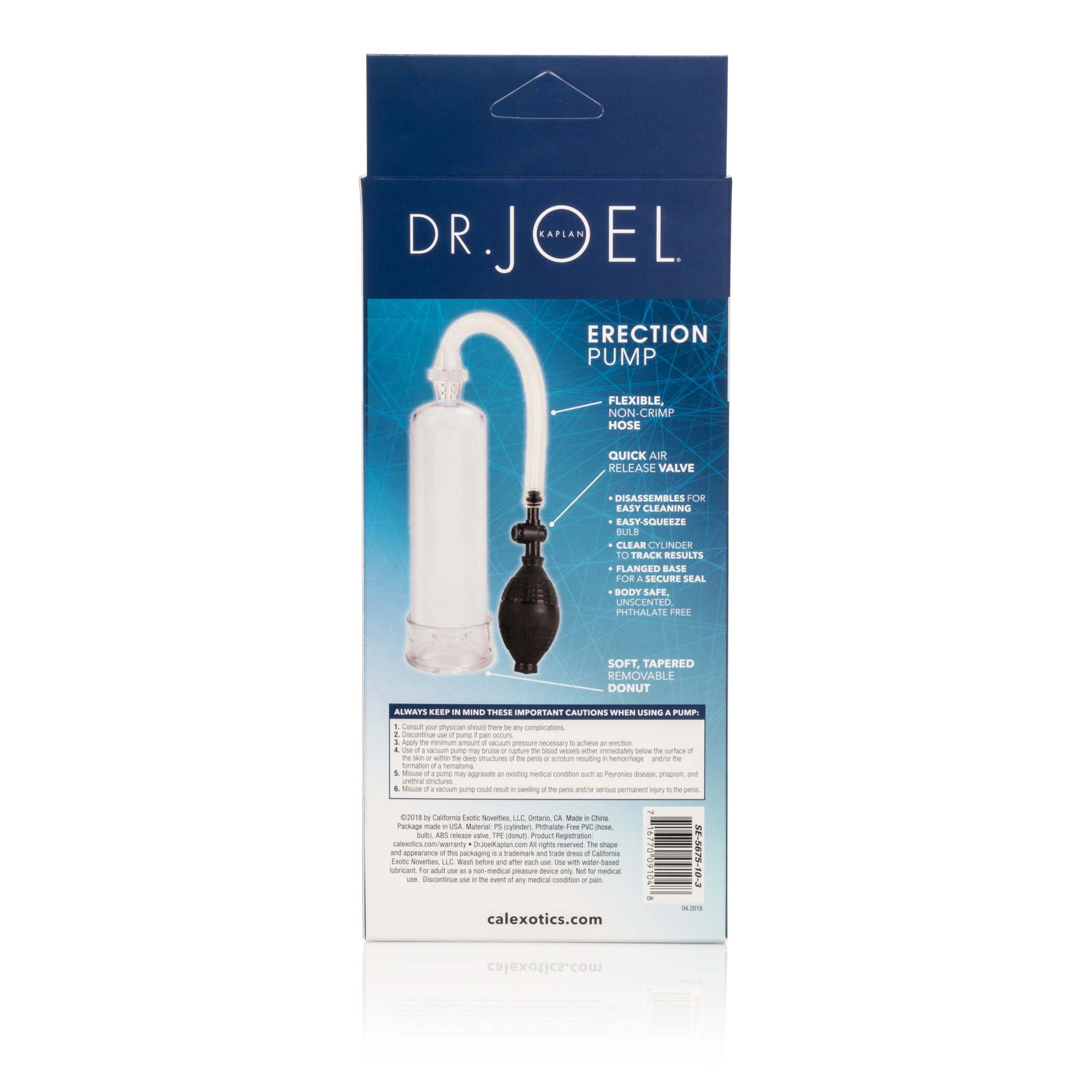 Dr. Joel Kaplan Erection Pump with clear cylinder, flexible hose, easy-squeeze bulb, and soft removable donut for enhanced intimate performance.