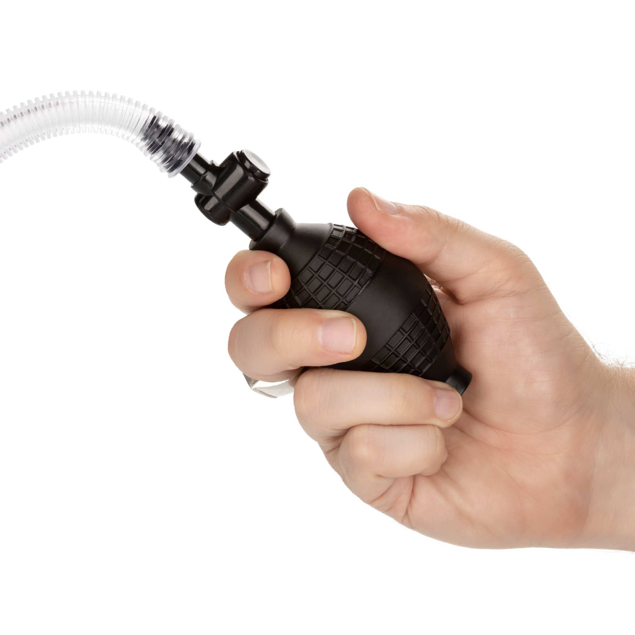 Hand holding the black squeeze bulb pump connected to a flexible clear hose of the Dr. Joel Kaplan Erection Pump.