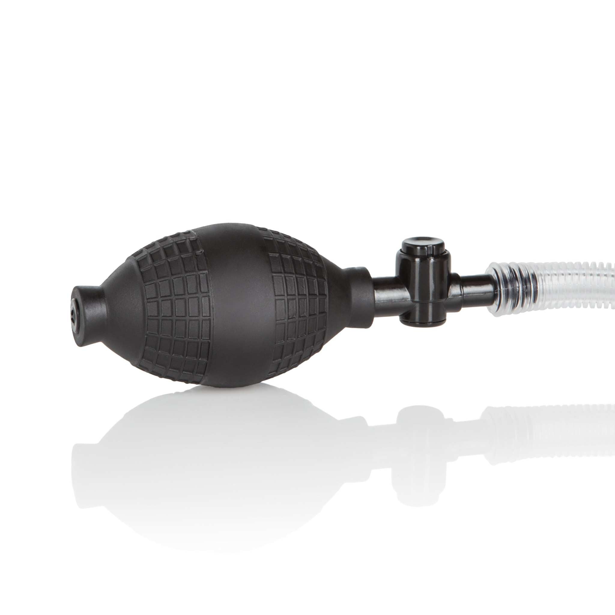 Black easy-squeeze bulb and flexible hose of Dr. Joel Kaplan Erection Pump accessory