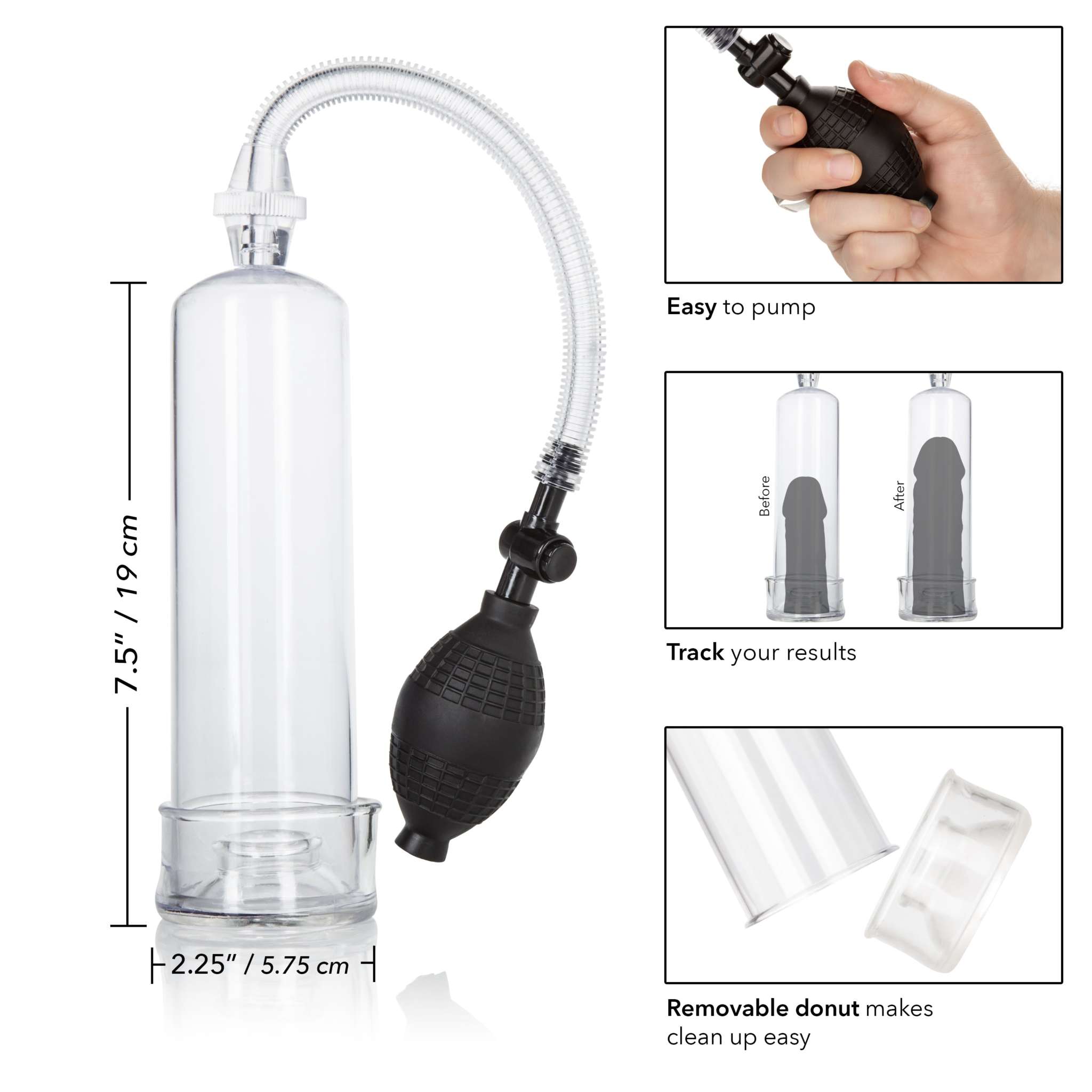 Dr. Joel Kaplan Erection Pump with clear cylinder, flexible hose, easy-squeeze bulb, and removable donut for comfort and easy cleaning.