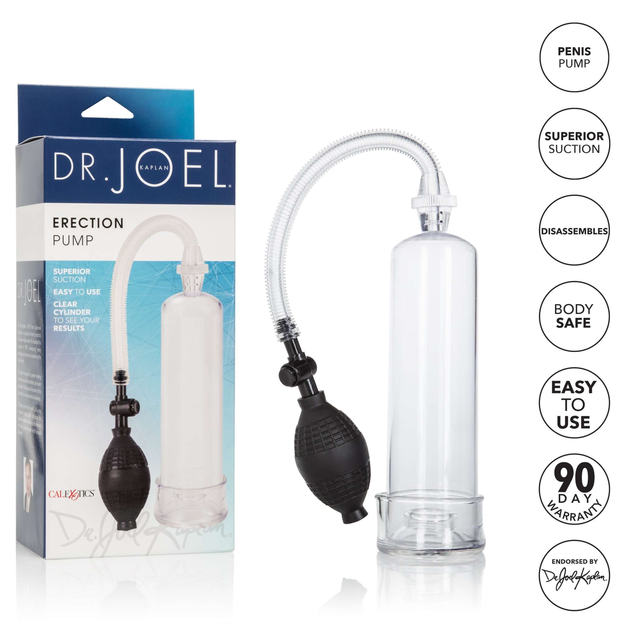 Dr. Joel Kaplan Erection Pump with clear cylinder, flexible hose, and easy-squeeze bulb for superior suction and body-safe use.