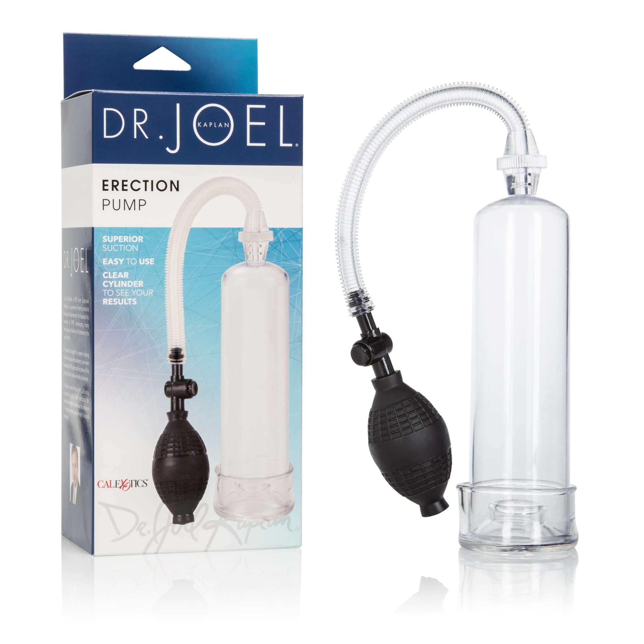 Dr. Joel Kaplan Erection Pump with clear cylinder, flexible hose, and easy-squeeze bulb for enhanced pleasure and performance.