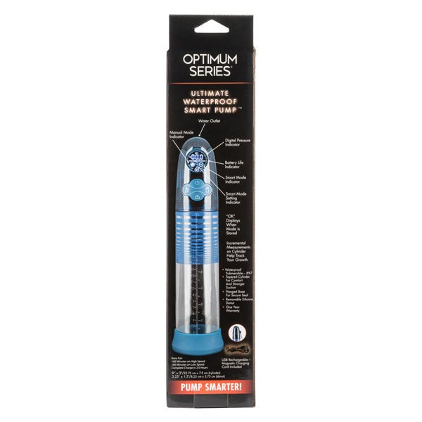 Optimum Series Ultimate Waterproof Smart Pump with digital display and customizable modes in black and blue packaging