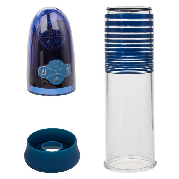 Optimum Series Ultimate Waterproof Smart Pump with digital control, clear tapered cylinder, and removable silicone donut in blue and transparent design