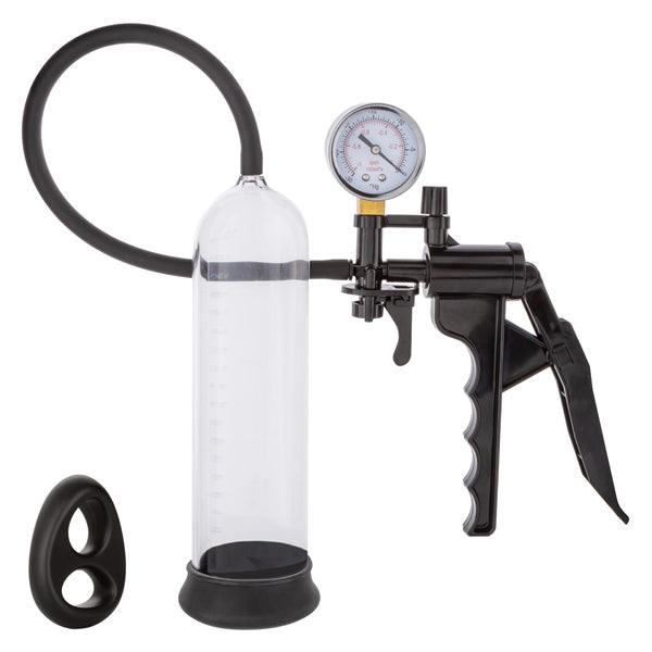 Peak Magnified Gauged Pump System in black with PSI gauge, clear cylinder, flexible hose, pistol grip pump, and dual enhancer ring.