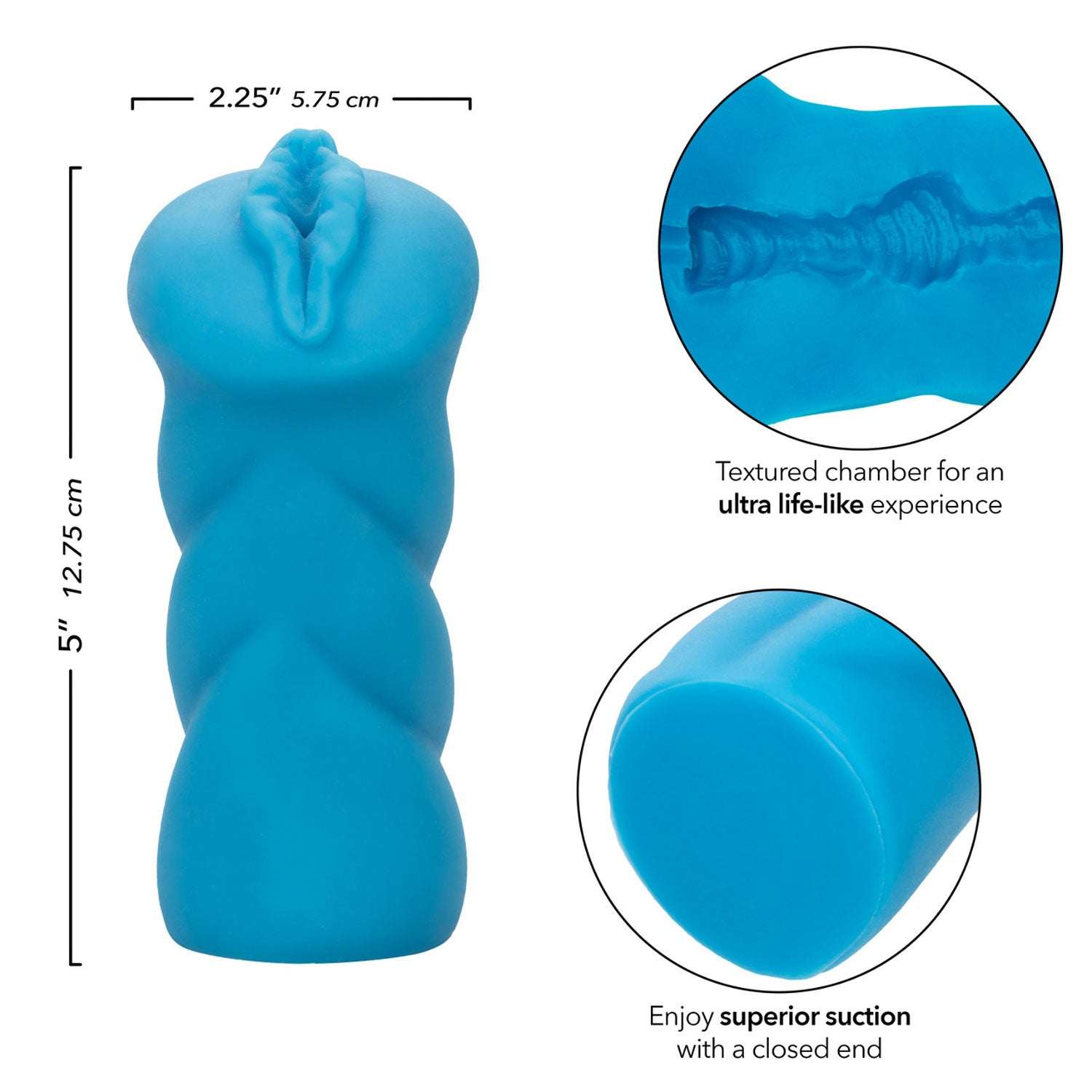 Blue Anime Stroker Bunny masturbator with textured chamber and closed end for superior suction, measuring 5 x 2.25 inches