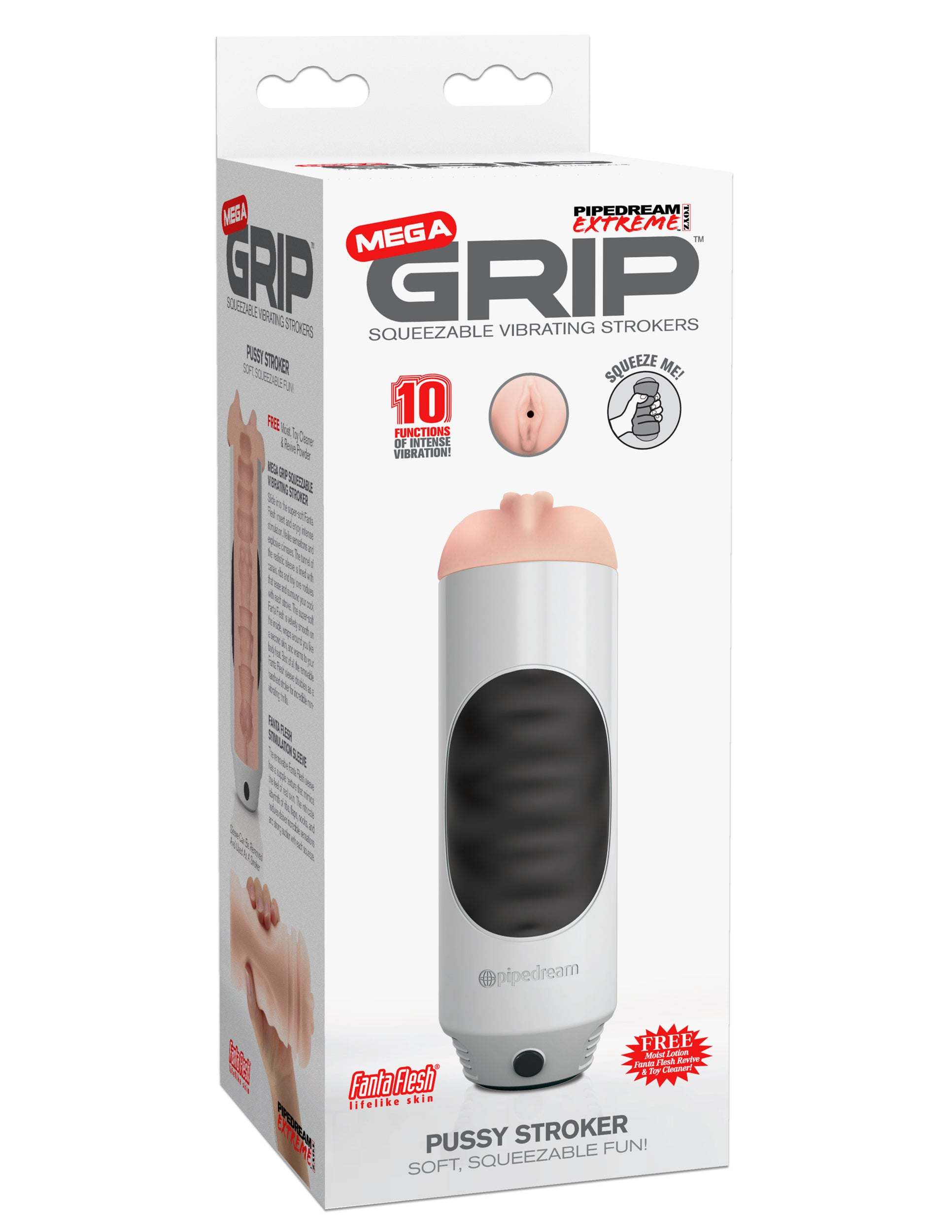 Mega Grip Vibrating Stroker with squeezable textured sleeve and 10 vibration modes in lifelike Fanta Flesh material