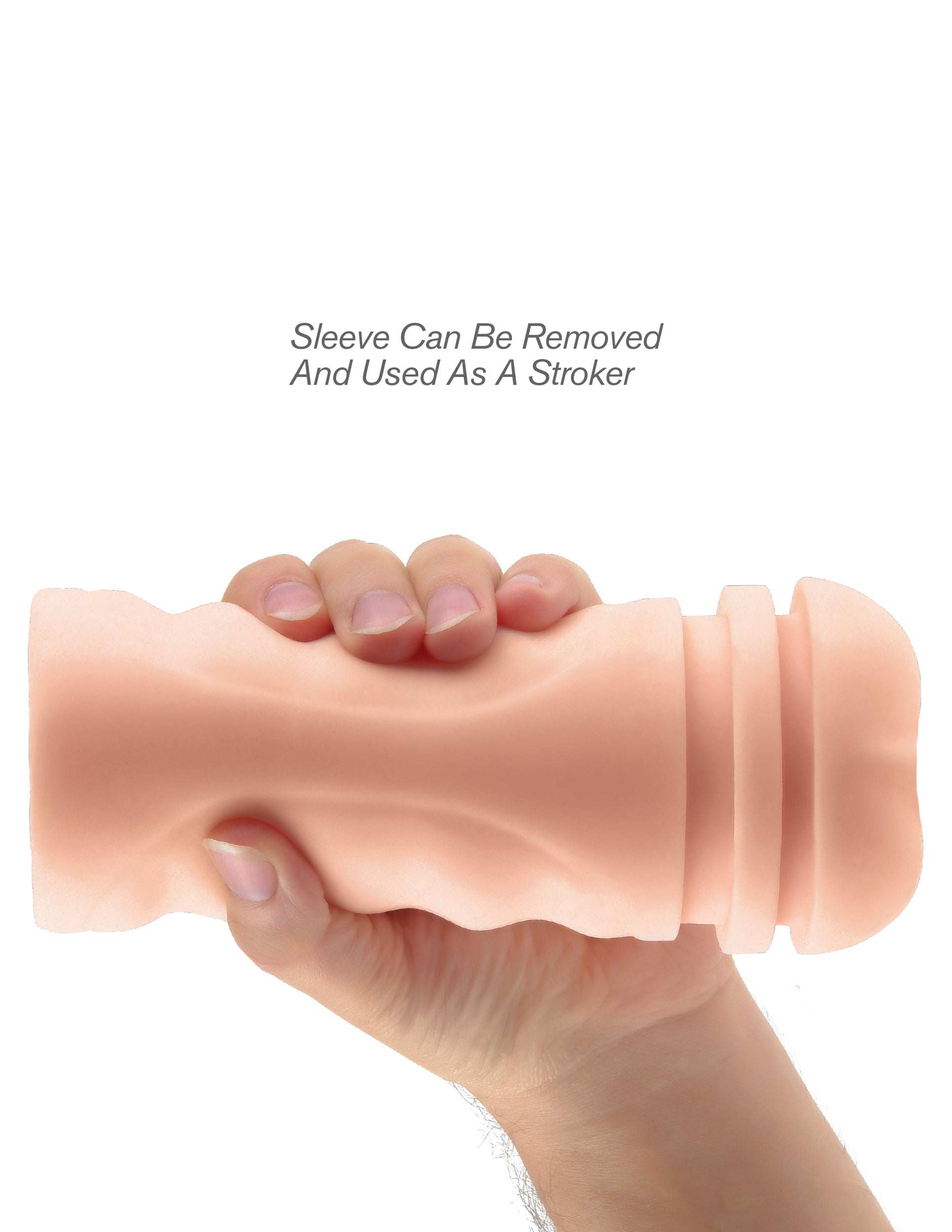 Hand holding the Mega Grip Vibrating Stroker with removable soft Fanta Flesh sleeve for realistic sensations and adjustable grip