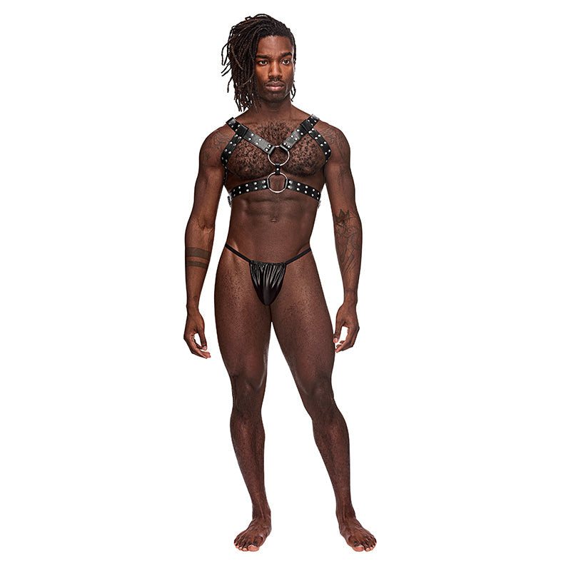 Male model wearing Male Power Leather Gemini Black OS harness with dual straps, metal rings, and adjustable metal buckles.