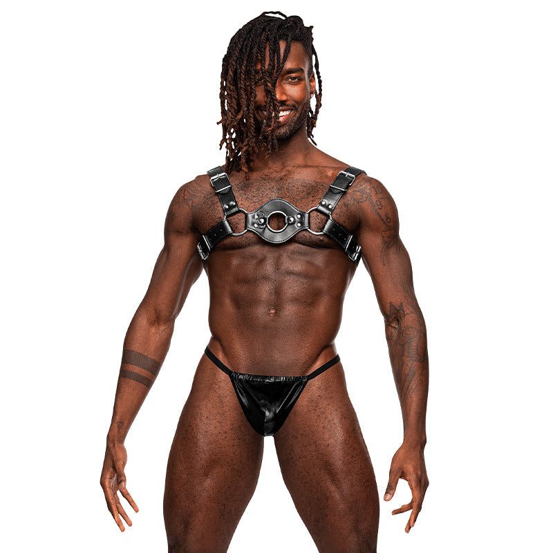 Male model wearing Male Power Leather men's Libra black chest harness with oval front metal rings and adjustable buckled straps