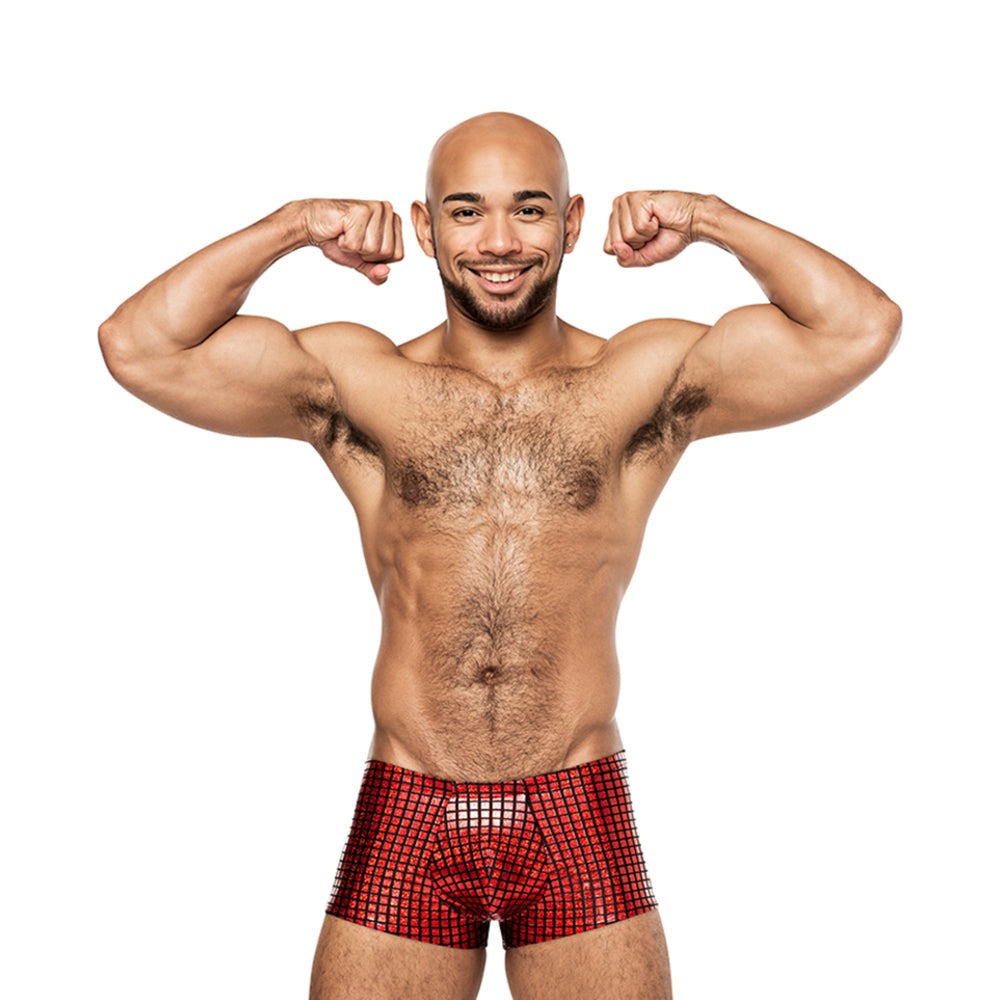 Male Power Disco Desire men's mini shorts in black and red with holographic squares and contoured pouch