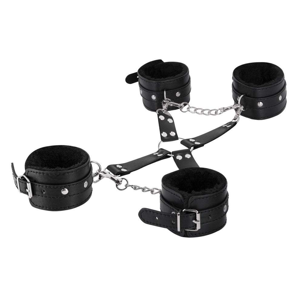 Male Power Leather All 4's Fuzzy Cuff Set with adjustable faux fur lined black wrist and ankle cuffs, detachable leather straps and metal chains.