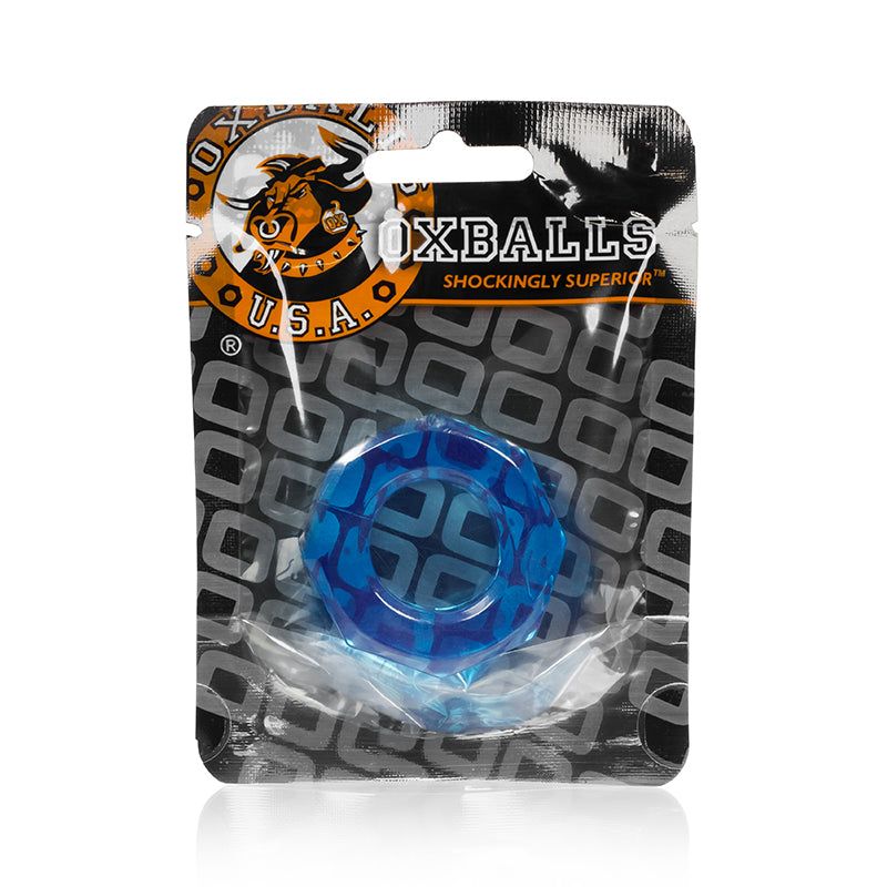 OxBalls Humpballs cockring in blue flexible TPR material in retail packaging