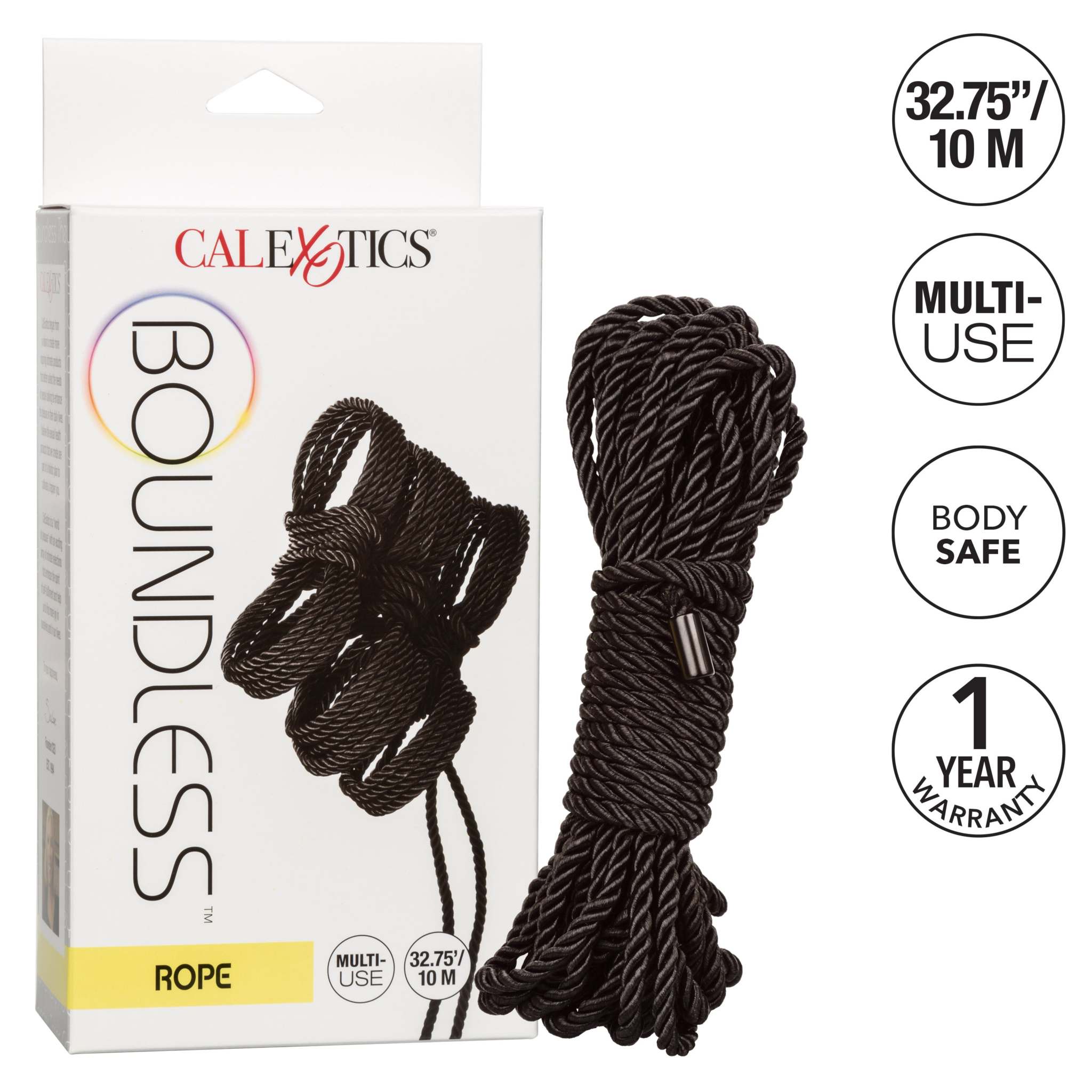 Black 32.75-foot Boundless Rope by CalExotics for versatile, body-safe BDSM and restraint play