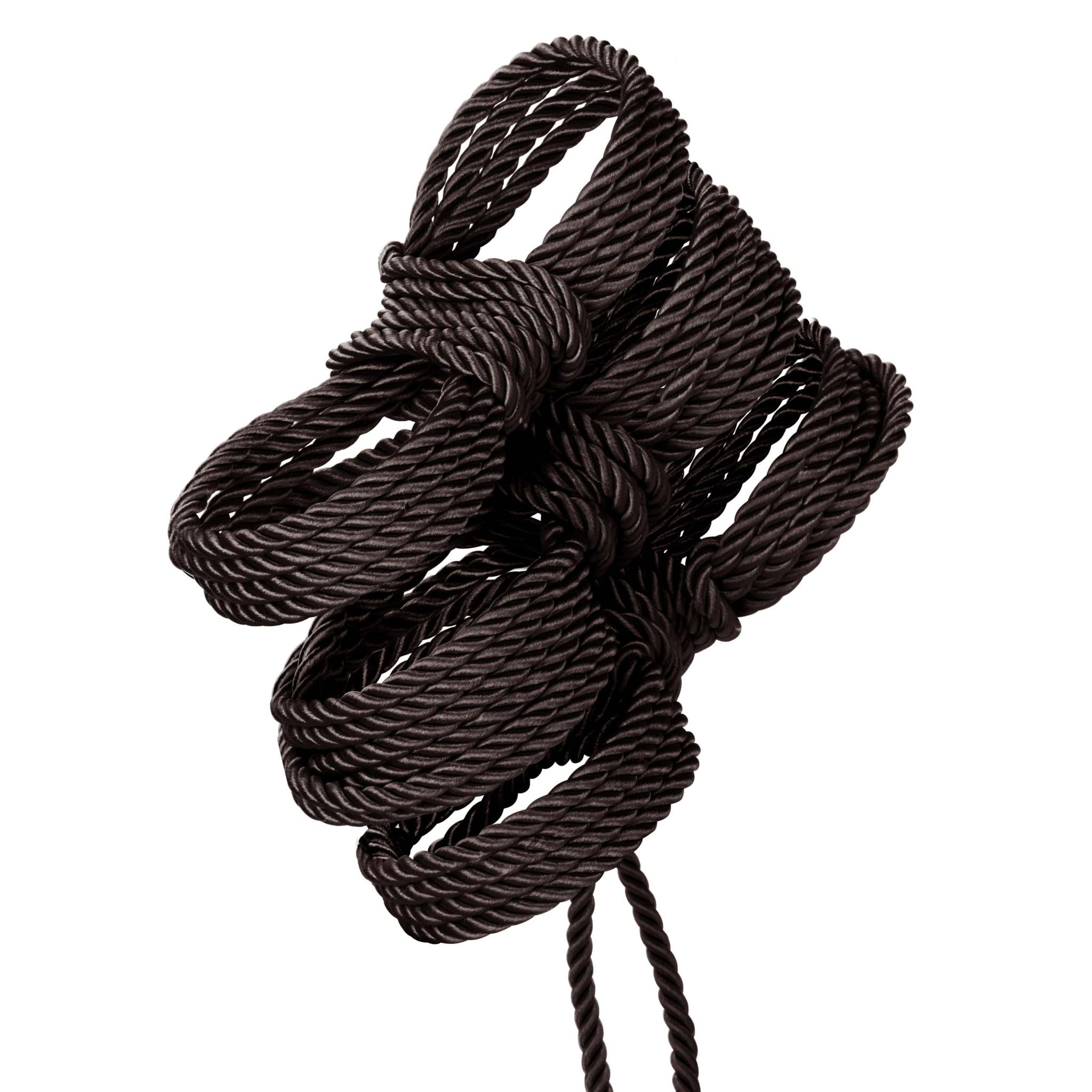 Boundless Rope - Black twisted cotton-polyester bondage rope with nickel-free caps, 32.75 feet long, designed for BDSM restraint and sensory play.