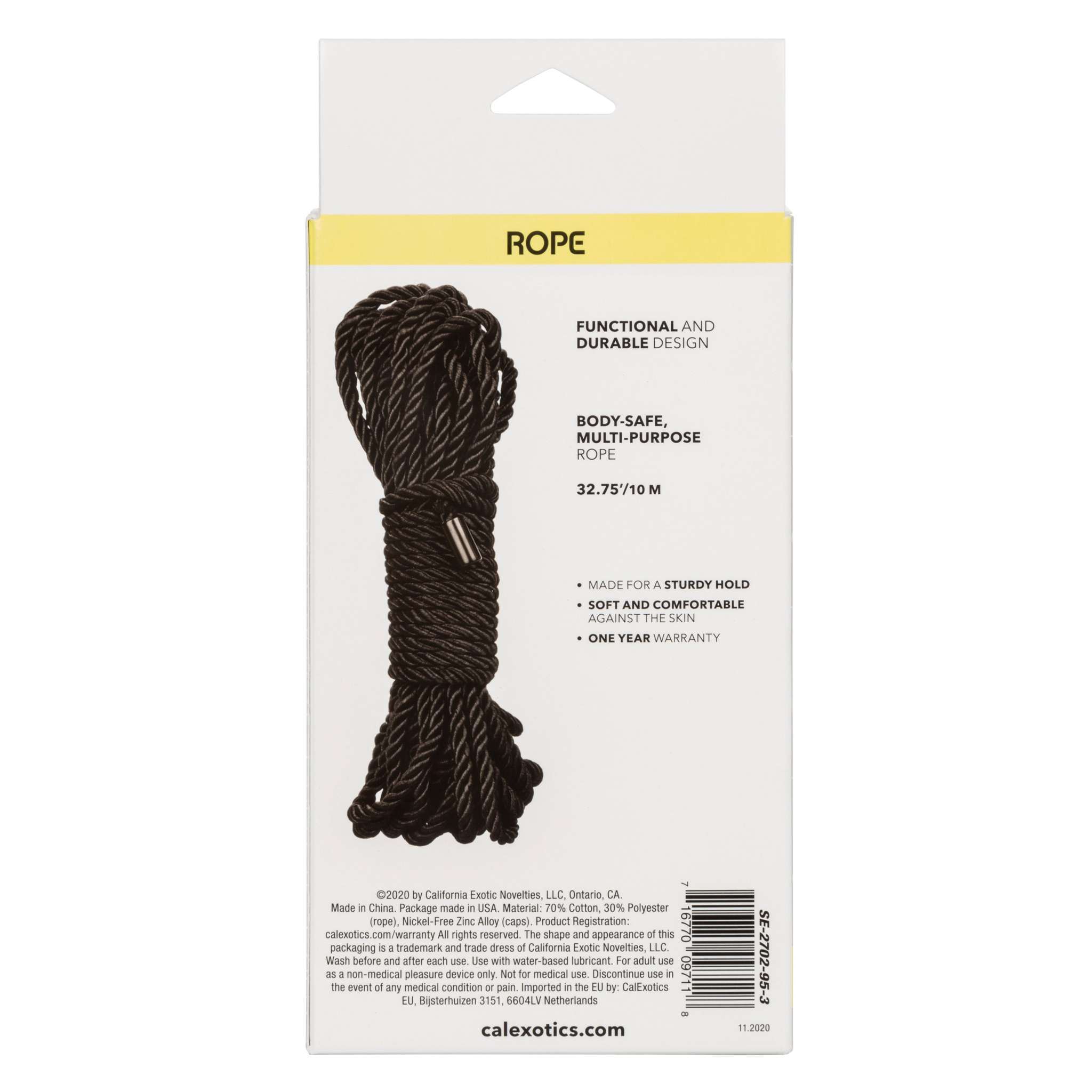 Black Boundless Rope for BDSM play, 32.75 ft, durable cotton-polyester blend with nickel-free caps, body-safe and comfortable restraint rope.