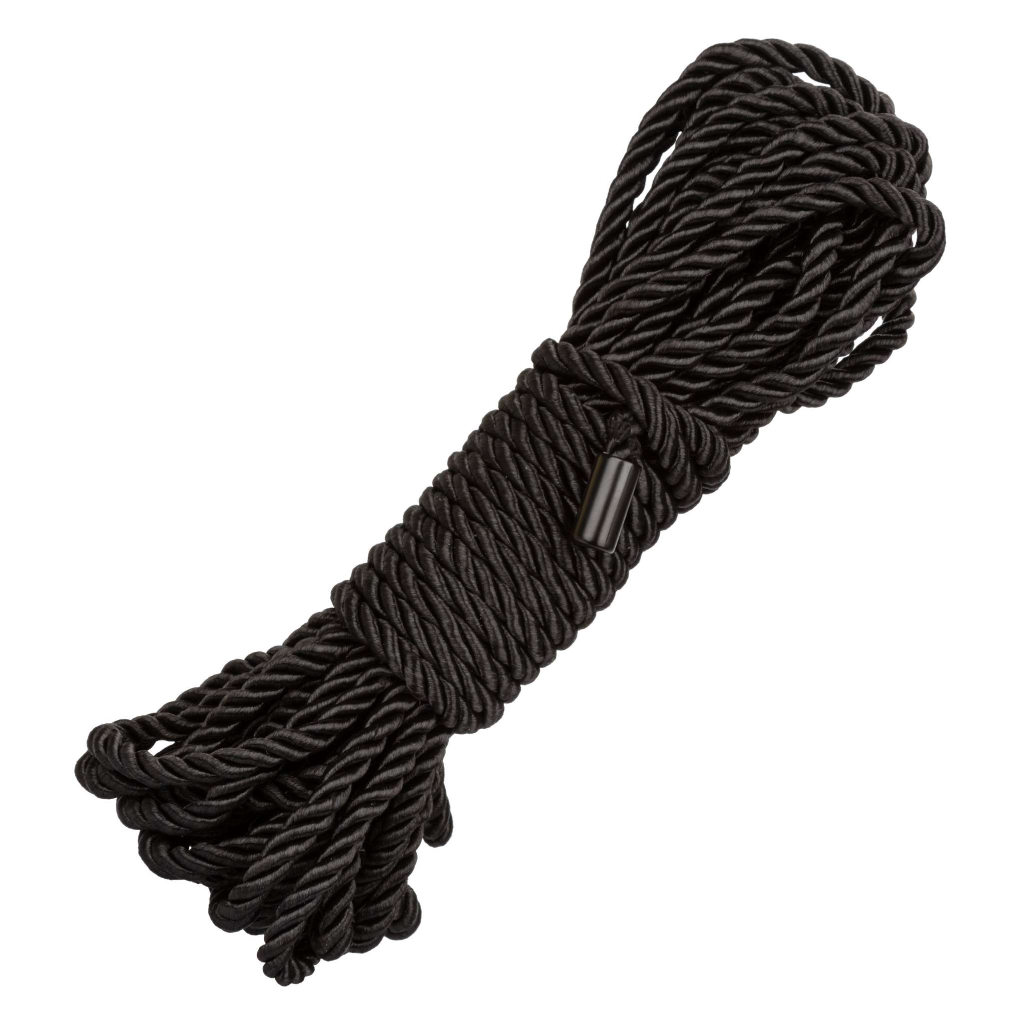 Black twisted bondage rope with nickel-free caps for BDSM play and restraint.