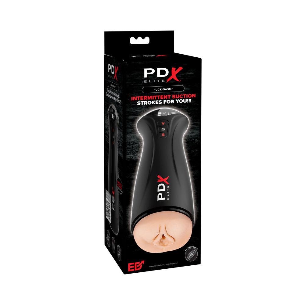 PDX Elite Fuck-Gasm Light masturbation device with intermittent suction and vibration in black packaging