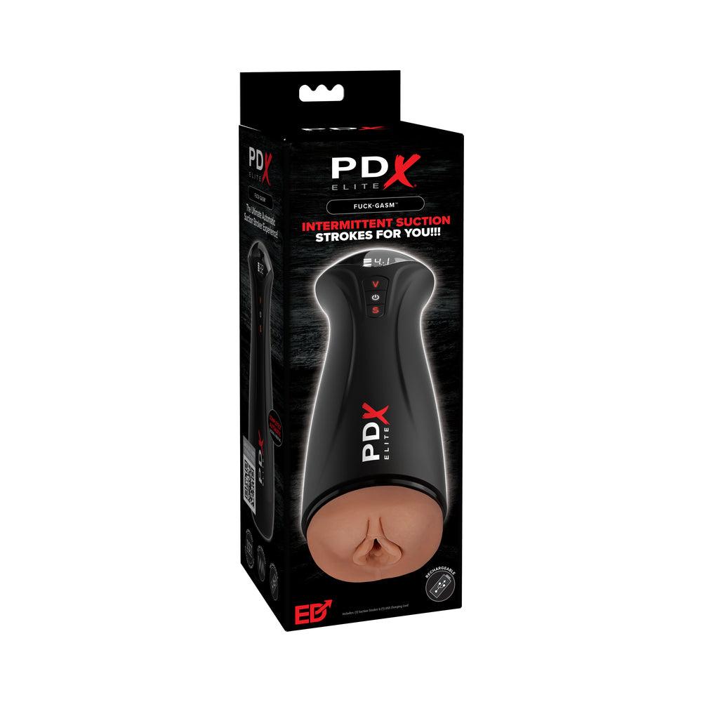 PDX Elite Fuck-Gasm brown stroker with intermittent suction and vibration modes in black ergonomic case packaging