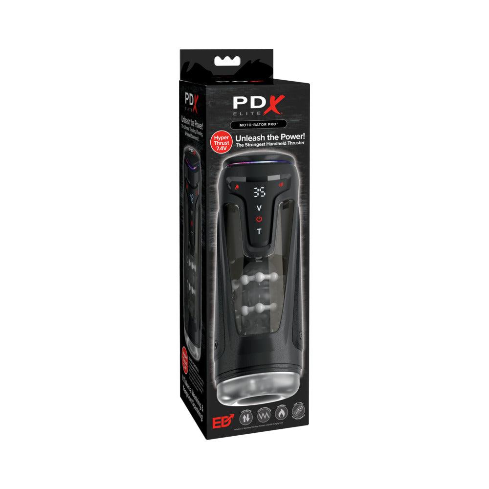 PDX Elite Moto-Bator Pro high-performance stroker with 5 thrust and vibration modes, warming function, and LED display in black packaging