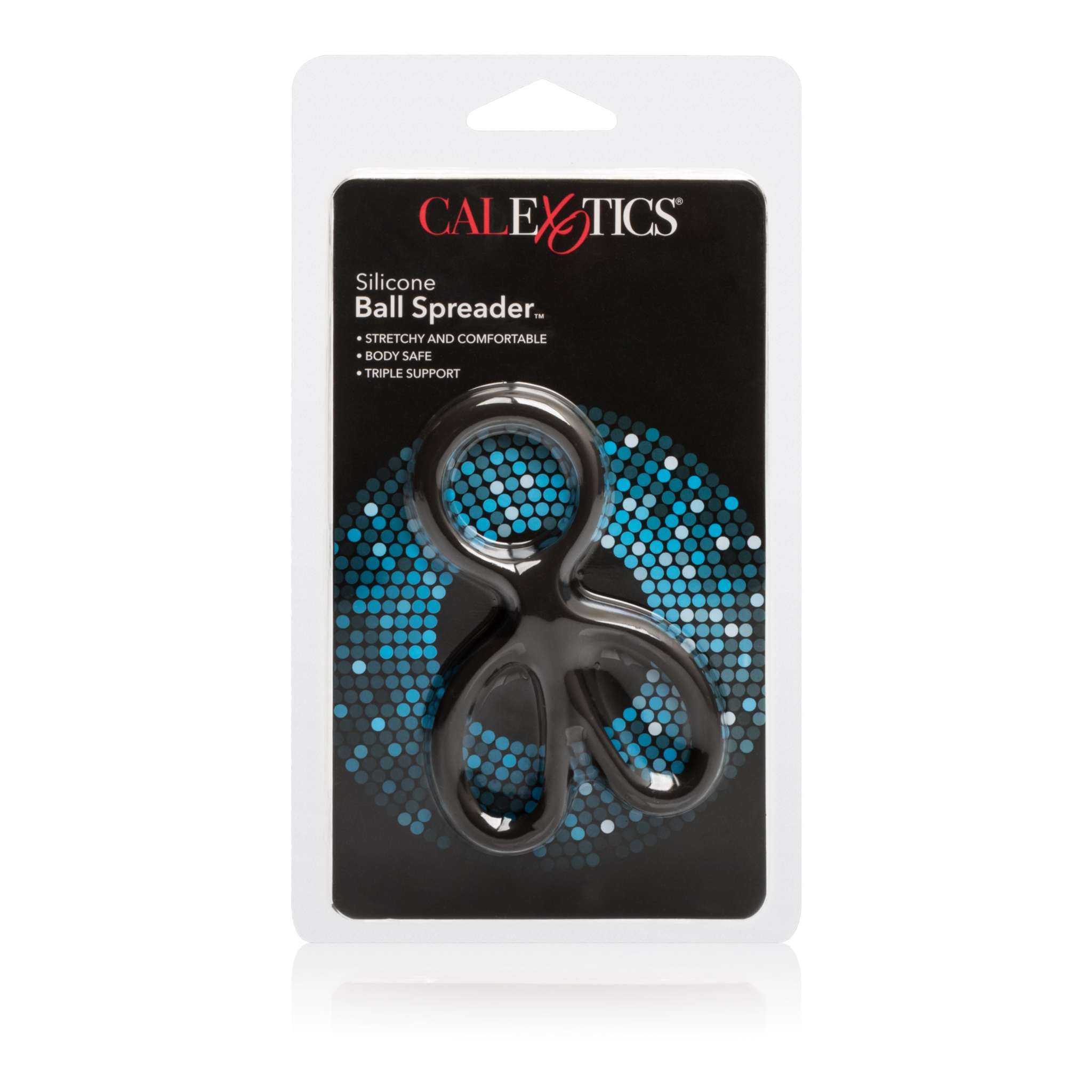 Silicone Ball Spreader by CalExotics in black, packaged on a black card with blue dot design, featuring stretchy, body-safe material and triple support design