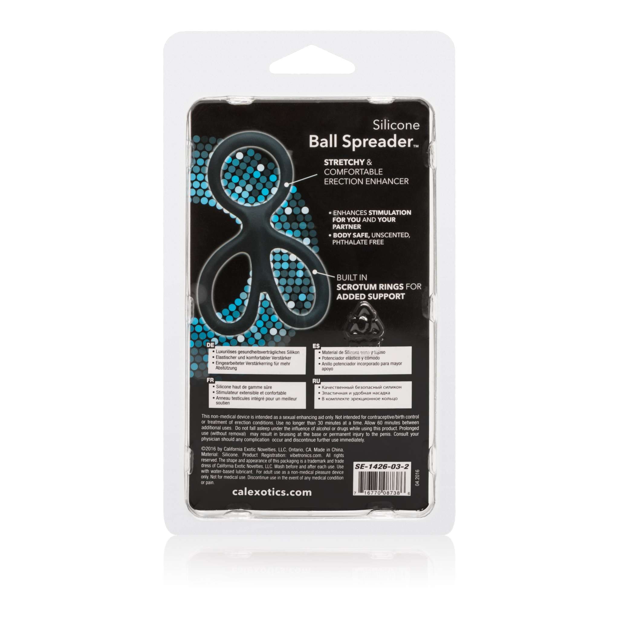 packaged black silicone ball spreader with blue dot design and product information text