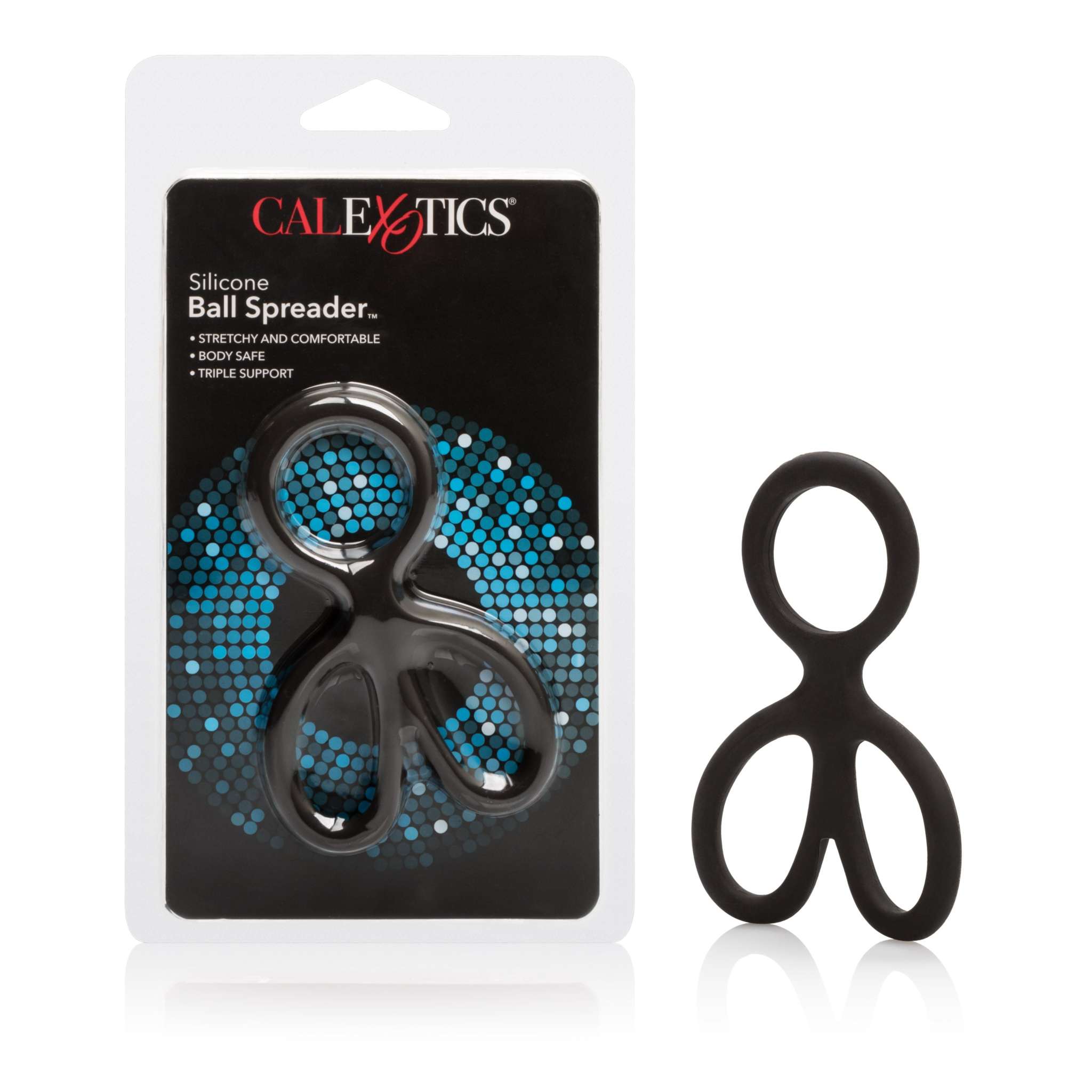 CalExotics Silicone Ball Spreader black ergonomic flexible tool in packaging and outside, body-safe and stretchy design