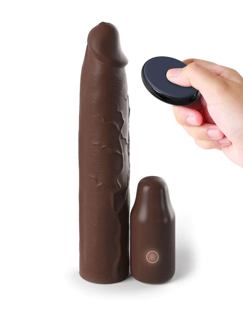 Fantasy X-Tensions Elite 9 inch brown silicone sleeve with vibrating 3 inch plug and remote control.