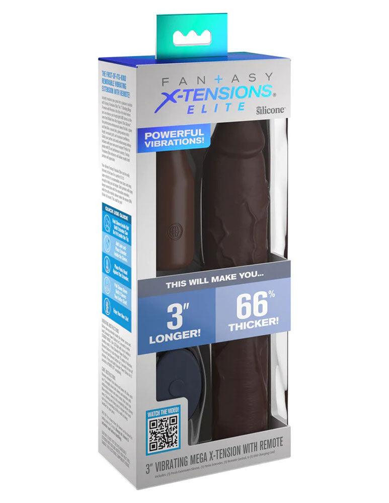 Fantasy X-Tensions Elite 9 inch brown silicone sleeve with 3 inch vibrating plug and remote in packaging