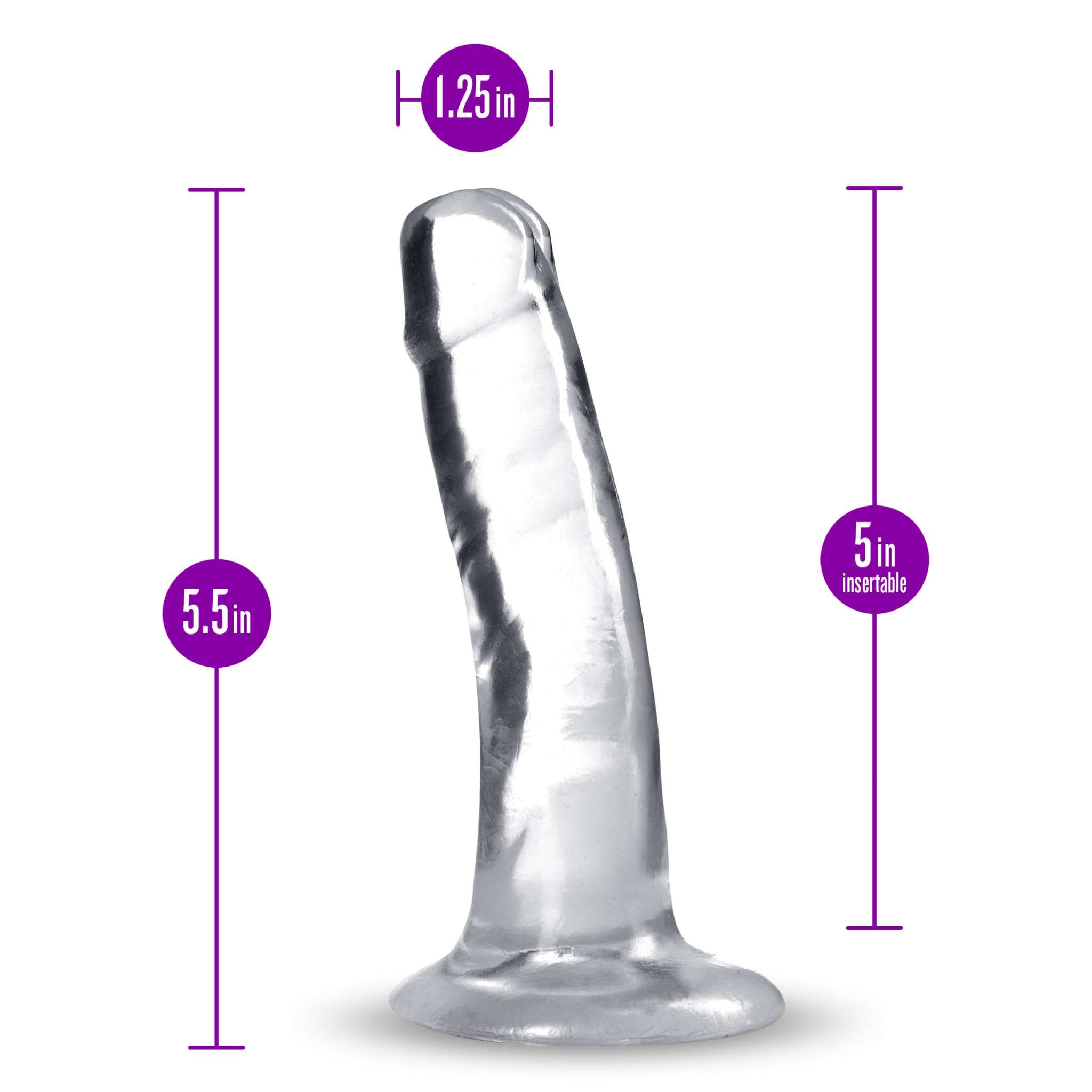 Clear B Yours Plus Hard N Happy silicone dildo with 5.5-inch length and 1.25-inch width, featuring flexible design and smooth surface.