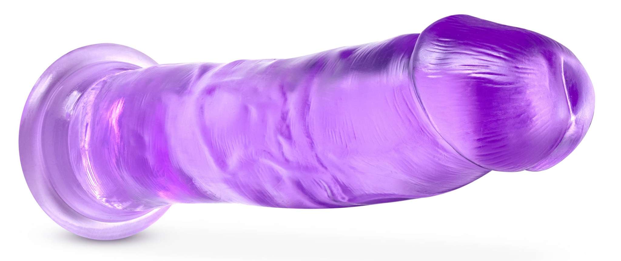 B Yours Plus purple ergonomic silicone vibrator with curved design and suction base for customizable pleasure.