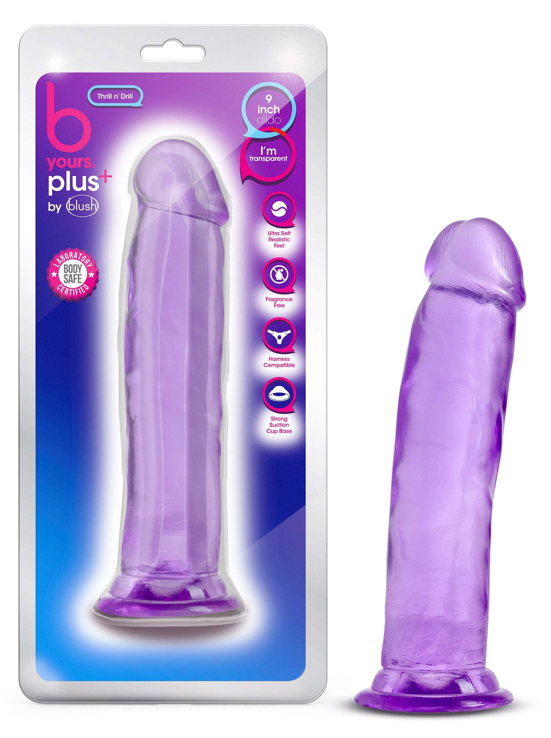 B Yours Plus Thrill N' Drill purple 9-inch transparent body-safe silicone vibrator with ergonomic design and multiple speed settings