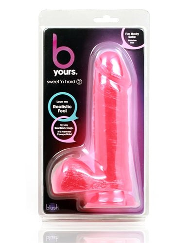 B Yours Sweet N Hard 2 - Pink 7-inch realistic textured dildo with suction cup base in transparent pink packaging