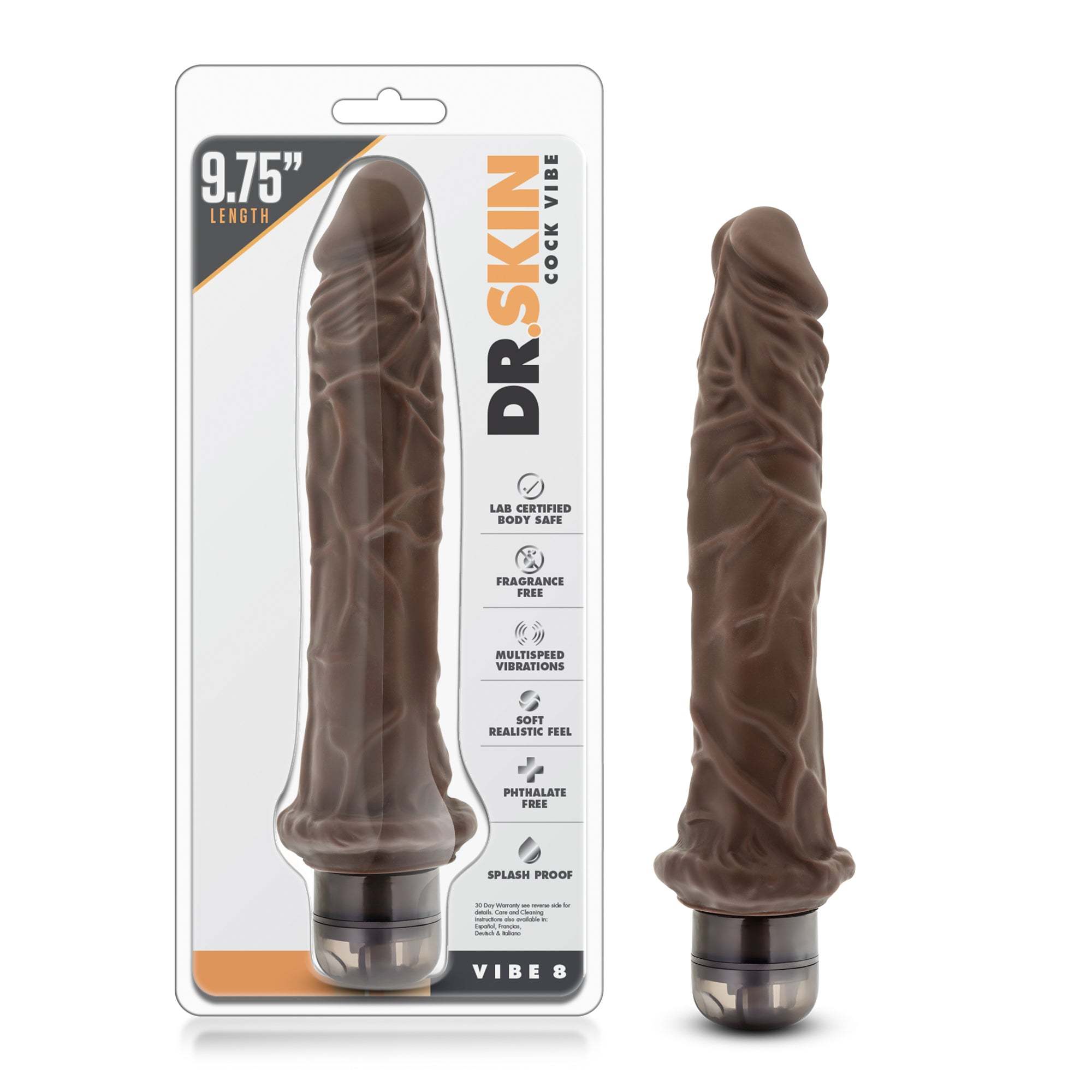 Dr. Skin Vibe 8 chocolate realistic textured waterproof vibrating dildo with adjustable intensity and body-safe PVC material.
