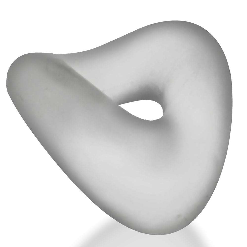 Clear ice-colored Form Cockring with a soft, stretchy, curved design for customizable fit and comfort.