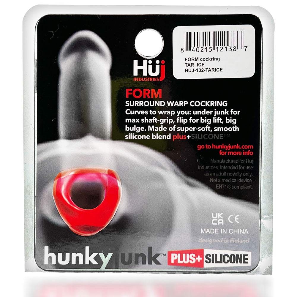 Clear Ice Form Cockring by HÜJ Industries with stretchy silicone blend and curved surround design for versatile fit and comfort.