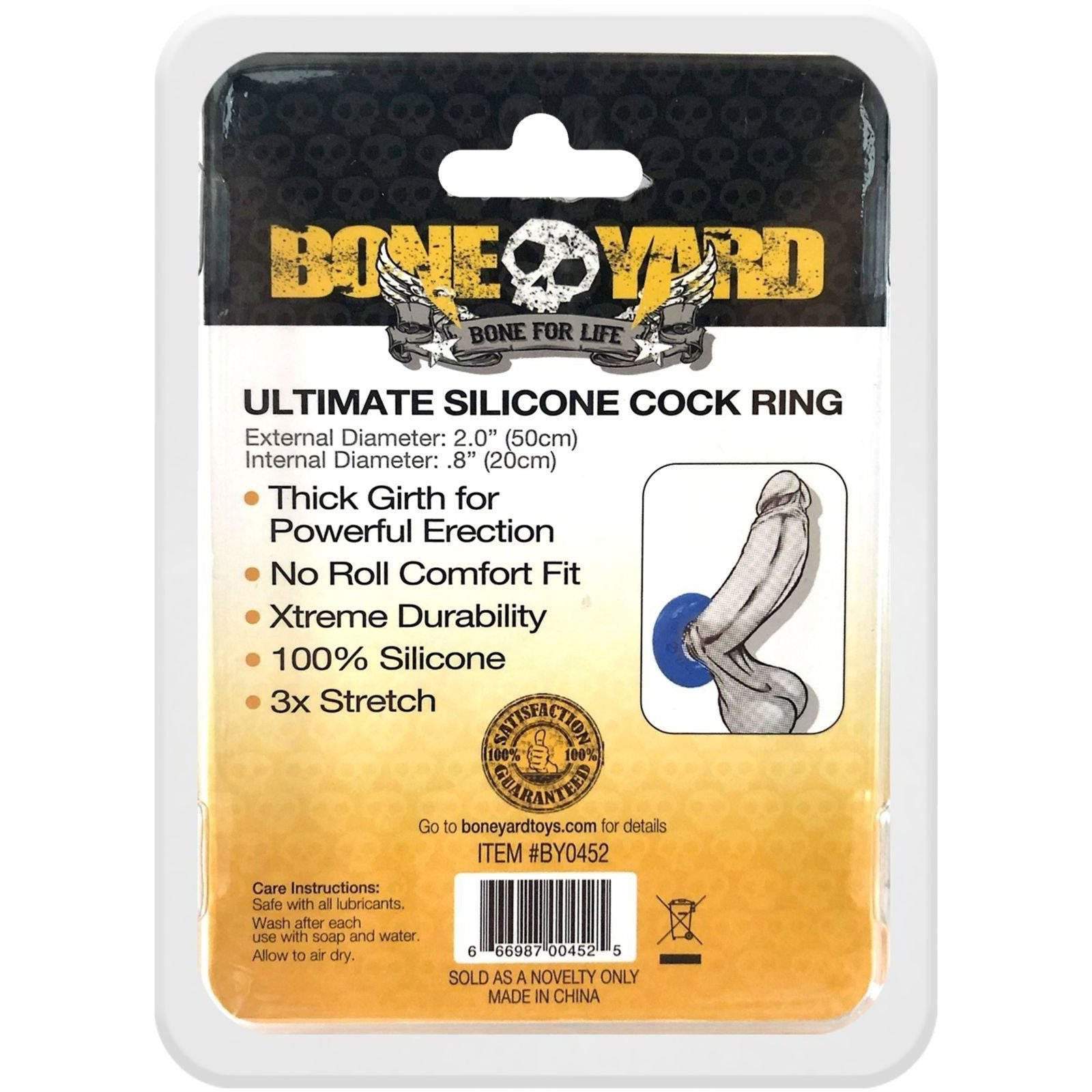 Boneyard Ultimate Silicone Cock Ring in blue, thick girth, no-roll design, 100% soft touch silicone, durable with 3x stretch