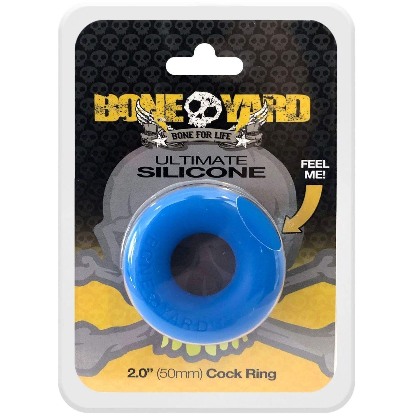 Blue Ultimate Silicone Cock Ring by Boneyard with soft touch silicone and durable stretch in retail packaging
