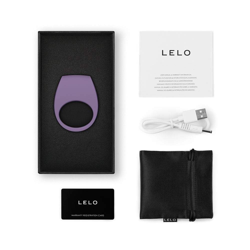 LELO TOR 3 vibrating couples' ring in violet dust with app control, silicone body, USB charger, and storage pouch.