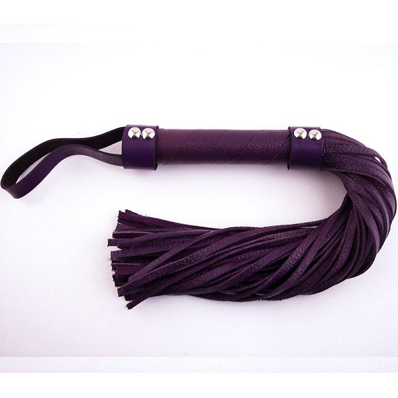 Purple Rouge H-Style leather flogger with short handle and wrist loop for impact play and sensory experience