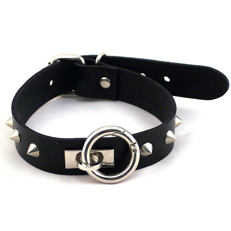 Black thinner Rouge O-Ring studded collar with silver spikes and adjustable buckle closure