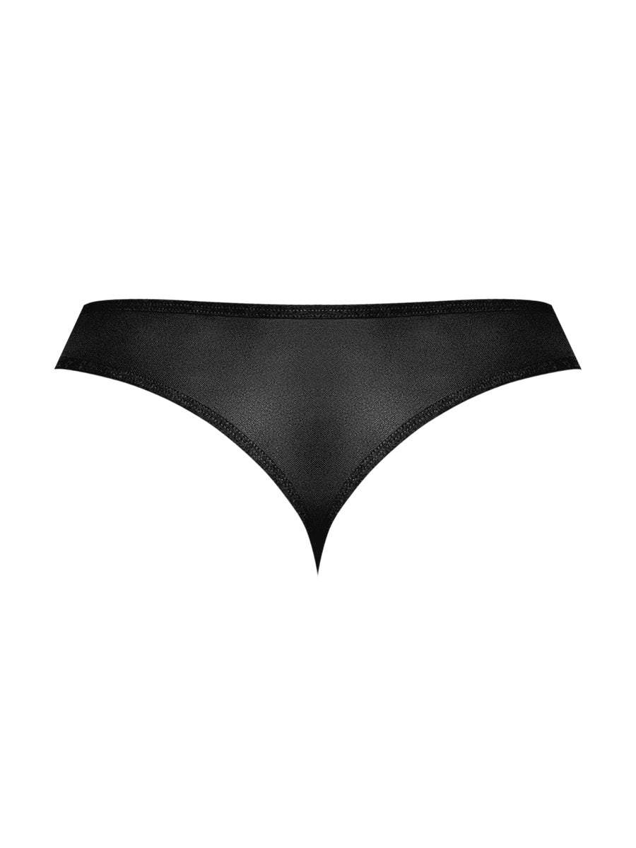 Male Power black lace open ring thong for men with scalloped floral lace and mesh panels
