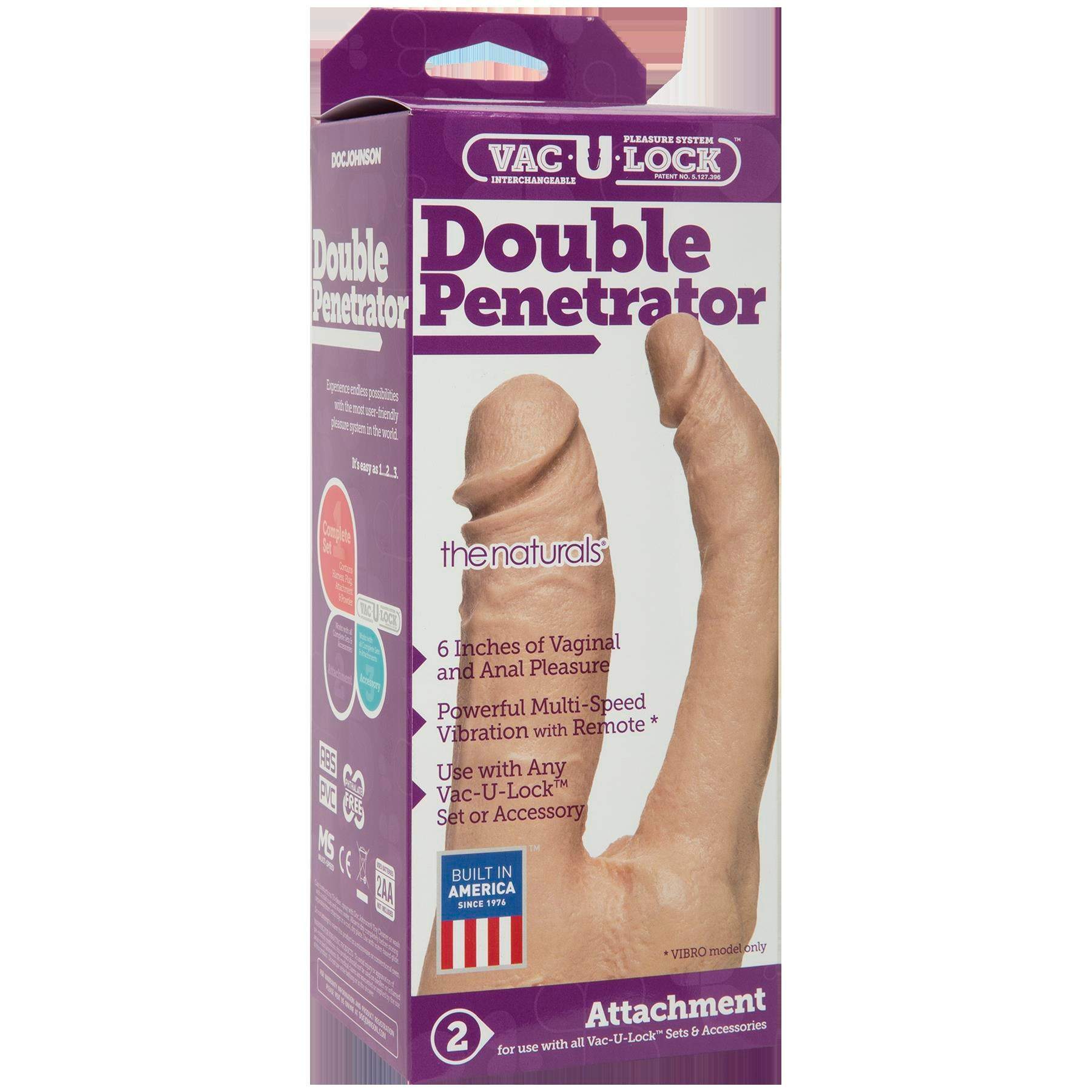 Vac-U-Lock Double Penetrator in white, dual-ended sex toy with 6-inch length, multi-speed vibration, designed for vaginal and anal pleasure.