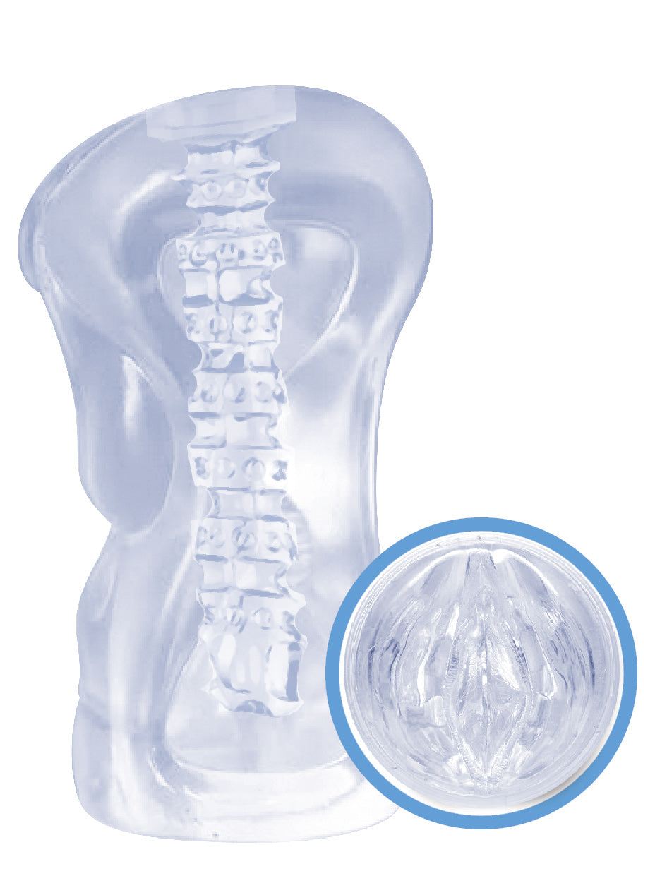 Clear Jack-It Frost Stroker with curved, faceted internal channel and textured jelly nubs for enhanced sensation